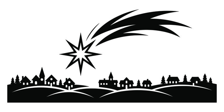 Christmas Bethlehem Town Landscape with Shooting Star, Nativity Night Scene Silhouette, Holy Birth Celebration Vector