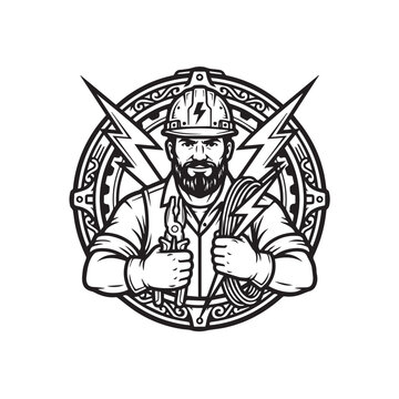 Vintage style electrician emblem with tools and lightning bolt.