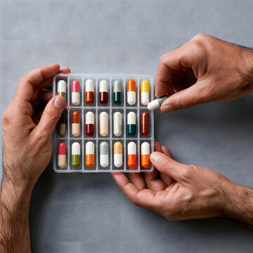 Senior Adult Organizing Daily Pills in Medication Organizer for Safe Medication Management at Home