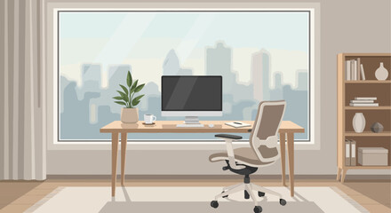 Fototapeta premium Modern Home Office with City View Desk, Computer, Chair, and Bookshelf