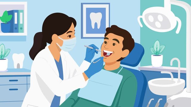 Animated healthcare video featuring a dentist performing a routine dental examination on a patient in  modern clinic   oral hygiene preventive dentistry healthcare education medical services 