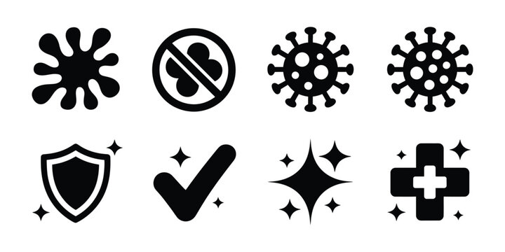 Cleanliness and Hygiene Icons Featuring Germs, Shield, Checkmark, Sparkle, and Medical Cross for Health Protection