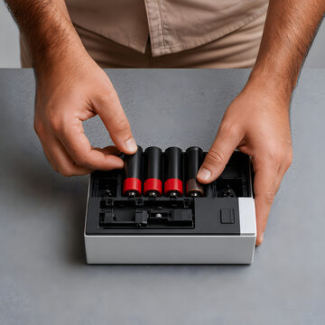 Man Organizing Rechargeable Batteries in Storage Case for Household Electronics and Battery Management