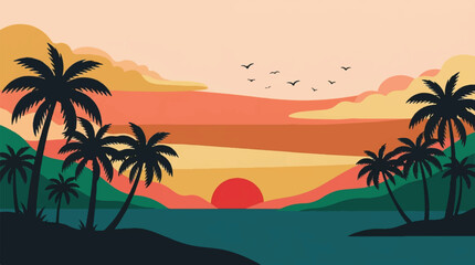 Fototapeta premium Tropical sunset scene with palm trees on a hill landscape