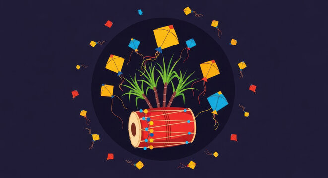Traditional indian harvest festival makar sankranti illustration with colorful flying kites sugarcane stalks and drum on deep blue circle background.