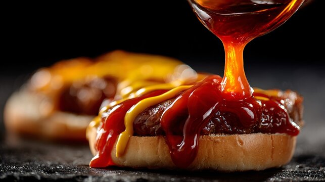 A macro shot of ketchup and mustard being drizzled over a burger with glossy texture