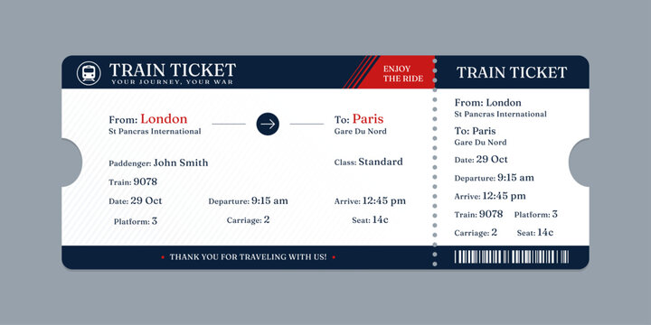 Vector flat train ticket template with passenger information and trip.