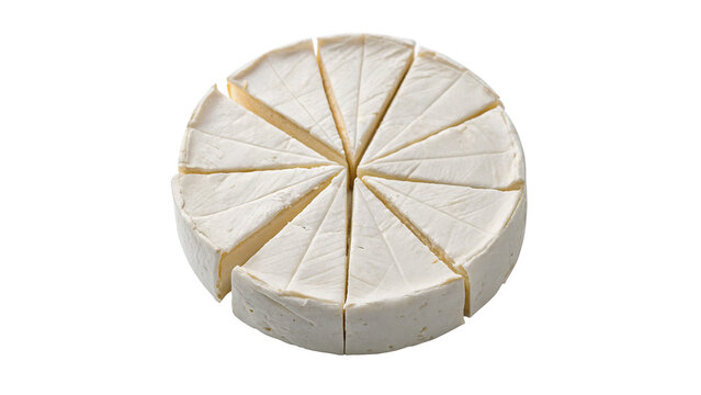 Round brie camembert cheese wheel cut in slices isolated on a transparent background dairy food