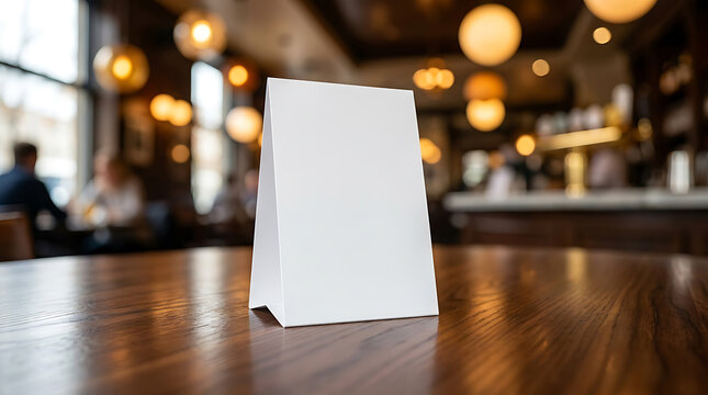 Table tent sign mockup on a wooden surface. Empty vertical card display in a blurred restaurant interior.