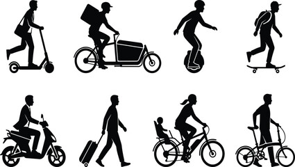 Fototapeta premium Eco Friendly Urban Transport And Micro Mobility Black Silhouette Icon Set For Modern City Lifestyle Graphics