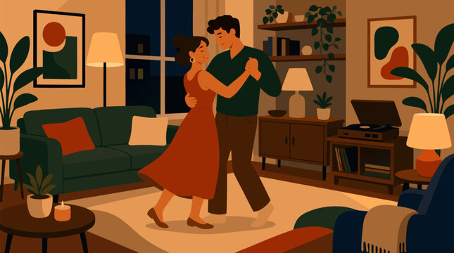 Clean flat vector illustration on a light background showing a couple slow dancing in a cozy living room at night, ideal for romance, home decor, and lifestyle promotions.