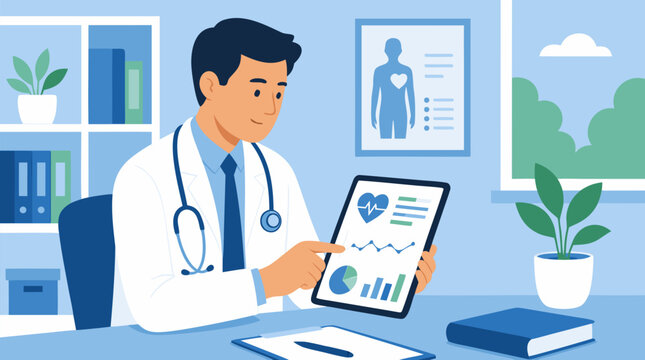 Clean flat vector illustration on a light office background showing a doctor reviewing health analytics on a tablet for telemedicine and clinic promotions.