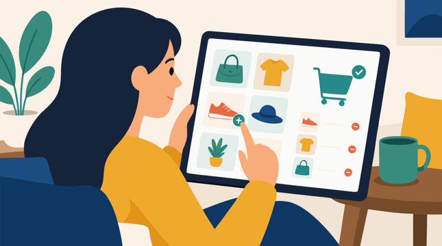 A clean flat vector illustration on a light background shows a woman using a tablet to shop online, useful for ecommerce app, retail, or digital payment promotions.
