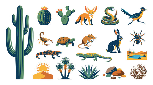 Desert Wildlife and Flora Flat Vector Set. Nature Animals, Plants, and Landscape Elements Illustration