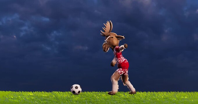 Funny Moose Goalkeeper in a Generic Non‑Brand Uniform Kicking a Soccer Ball &ndash; 3D Animation