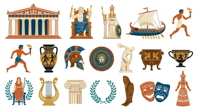 Ancient Greece Icons  Symbols Flat Vector Illustration Set: Mythology, History  Culture Elements