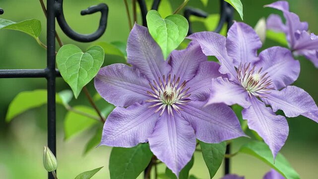 Beautiful purple clematis flower in bloom with green leaves on black metal trellis