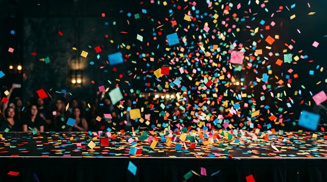 Colorful confetti falling on stage at a festive celebration event