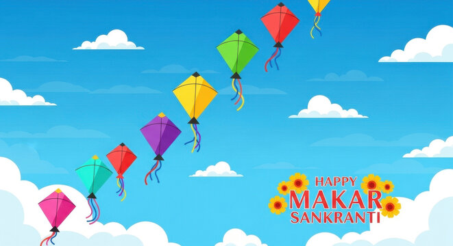 Vibrant colorful kites soaring high in clear blue sky with white fluffy clouds background for festive happy makar sankranti holiday celebration.