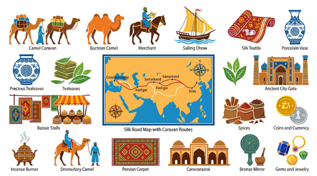 Silk Road Flat Vector Icons Set. Historical Asian Trade Routes Elements and Cultural Symbols Collection