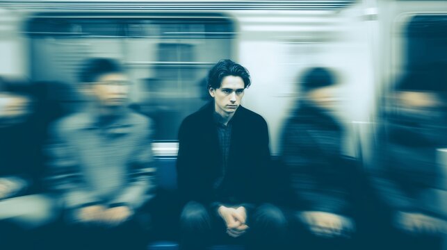 Man sits quietly in train while other passengers move around him in morning commute chaos