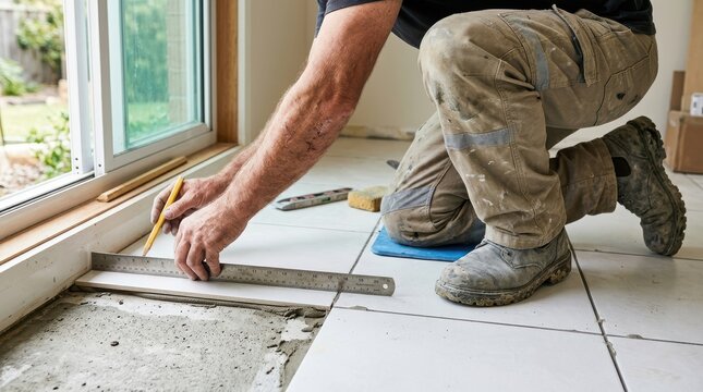 Construction worker measuring and marking a tile for installation