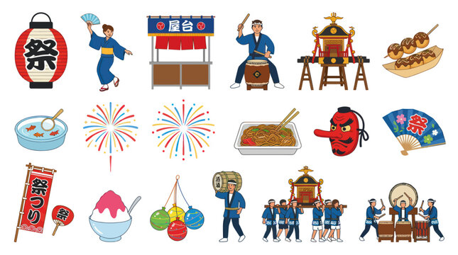 Japanese Summer Festival Elements Vector Illustration Set - Traditional Culture and Food Icons