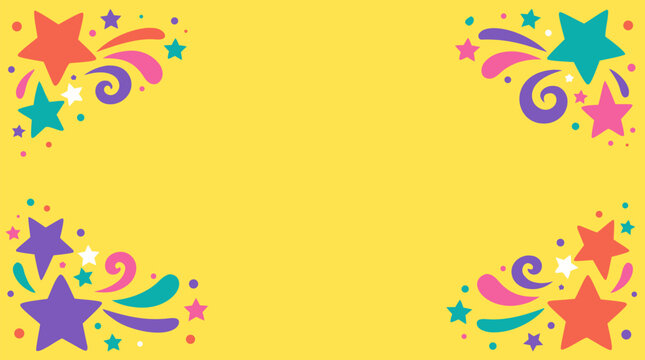 Clean flat vector illustration of colorful star and swirl corner decorations framing a yellow copy space, ideal for birthday invitations and cheerful party banners.
