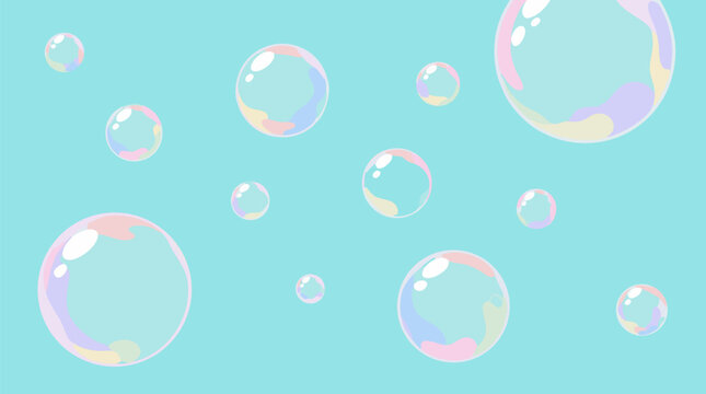 Clean flat vector illustration of pastel iridescent bubbles floating across a soft aqua background, useful for bath, spa, kids, or playful summer promotions.