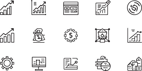 Fototapeta premium Business and financial growth line icon set financial analytics growth graph dollar and investment concept vector line icons.