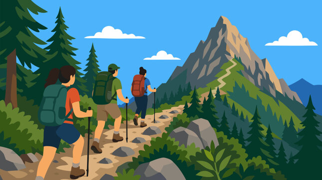 Clean flat vector illustration of backpackers hiking a rocky forest trail toward a mountain peak with a light sky background, perfect for adventure travel promotions.