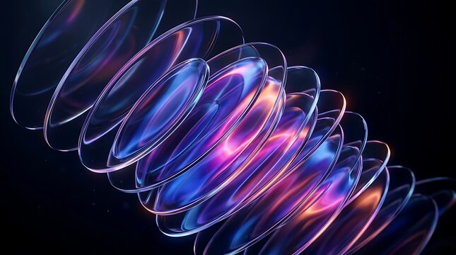 Abstract 3d render of stacked glowing glass discs with blue and purple light