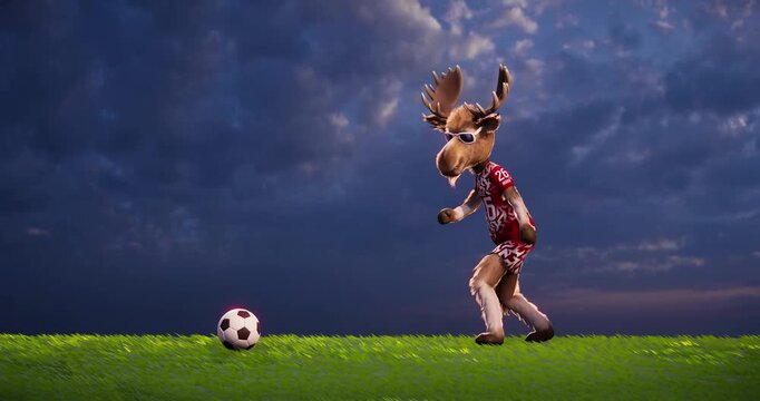 Funny Moose Goalkeeper in a Generic Non‑Brand Uniform Kicking a Soccer Ball &ndash; 3D Animation