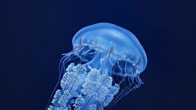 Bioluminescent jellyfish floating gracefully in deep blue ocean water