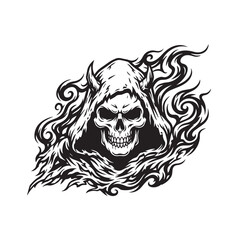Obraz premium Black and white illustration of a horned skull in a hood surrounded by smoke.