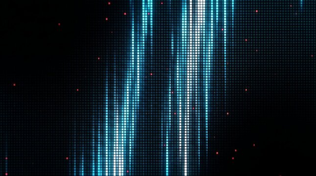 Abstract digital background with glowing blue vertical light streaks and pixels