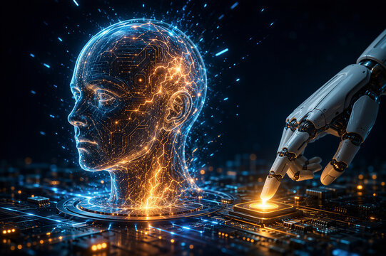 Futuristic robotic hand touches a glowing chip to activate a digital human neural head for technological presentations illustrating the advanced artificial intelligence concept