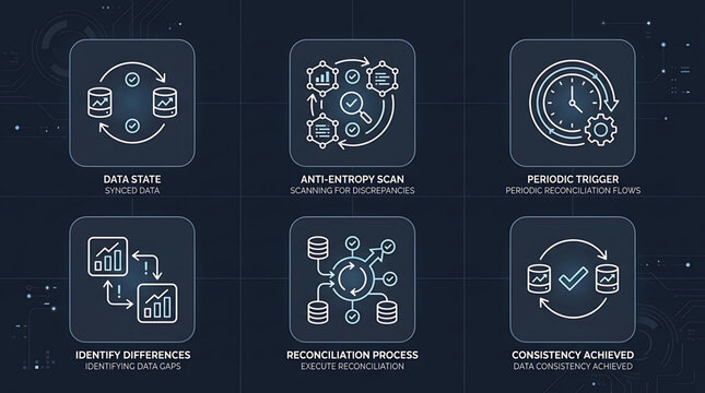 Business concept icons illustrate data encryption plan and consistency achieved in technology
