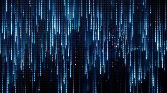 Abstract digital rain background with glowing blue and red data particles