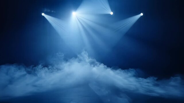 Blue stage spotlights beaming down through fog and smoke effects in a dark venue