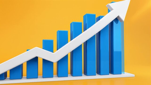 Blue 3 d bar graph ascending on white shelf against yellow background showing growth and success