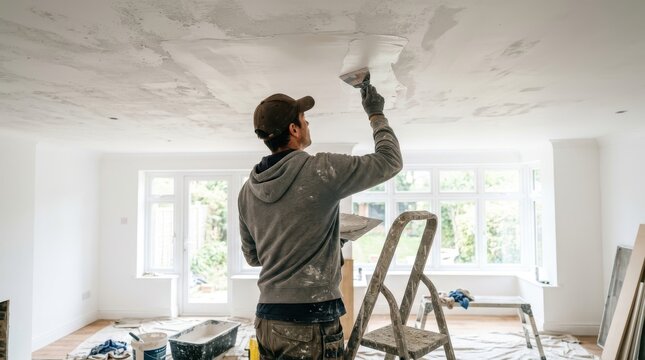 Professional plasterer skimming and smoothing a ceiling in a home