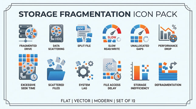 Storage fragmentation icon set displays system data organization in a modern vector graphic