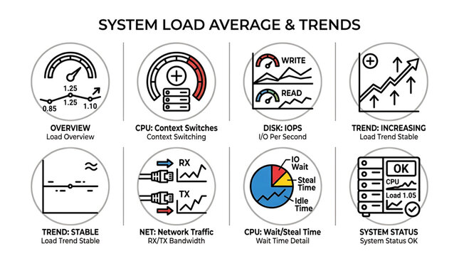 System load average trends and statistics displayed on multiple charts and graphs