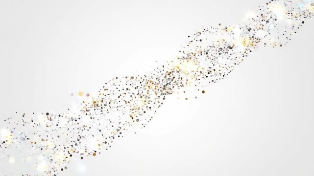 Elegant diagonal trail of shimmering gold and silver glitter particles flowing over a clean white background with magical glowing light flares and bokeh.