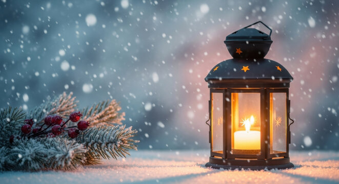 Vintage style metal lantern illuminating dark winter scenery with fresh pine branches covered in frost and delicate snowflakes falling down.