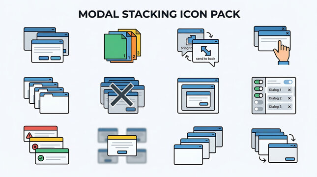 Set of Modern UI UX Modal Window Stacking Icons for Web Application Interface Design and Software User Experience Layouts