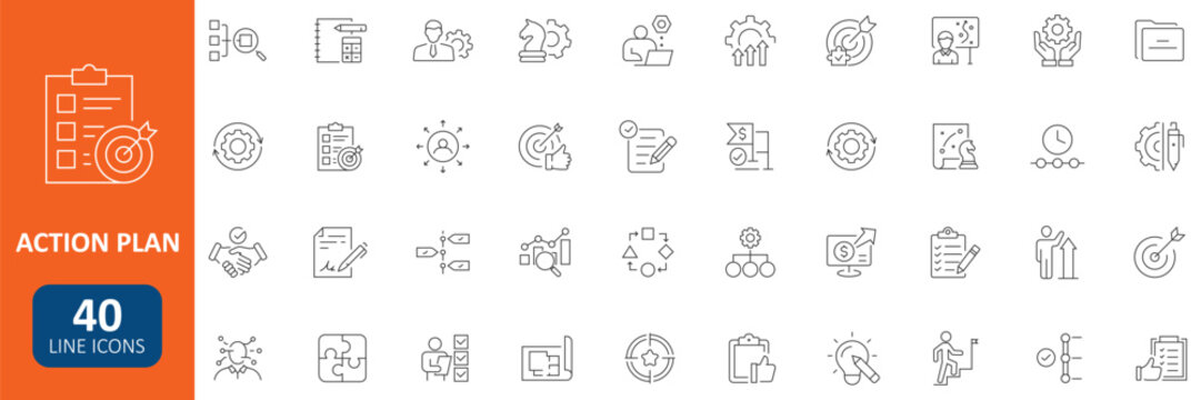 Action plan line icons set with Schedule, plan, implementation, strategy, analysis, collaboration, check, and strategic business processes concepts. Editable stroke vector collection.