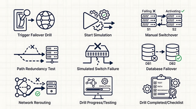 Network failover and disaster recovery process icons simulation, testing, manual switchover, data management, and rerouting steps for system resilience