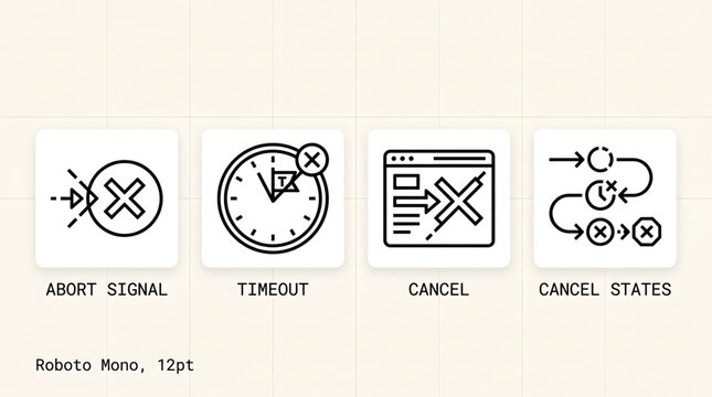 Set of Linear UI Icons Representing System Abort Signal Timeout Cancellation and State Transitions for Software Interface Design